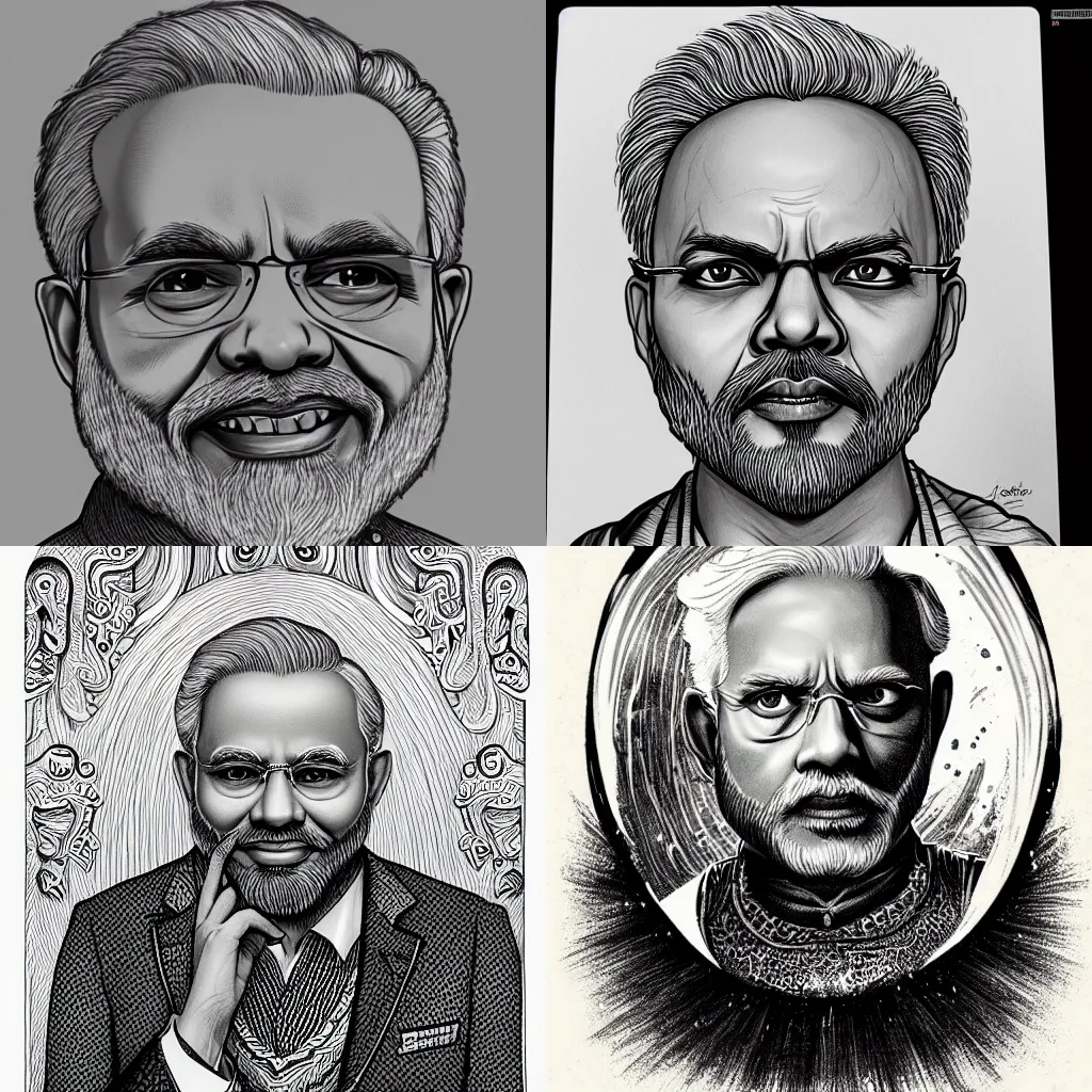 Prompt: a portrait of narendra modi drawn by joe fenton