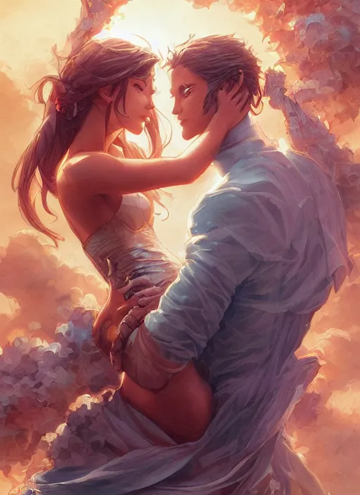 Image similar to cheesy romance novel cover by artgerm and greg rutkowski and magali villanueve