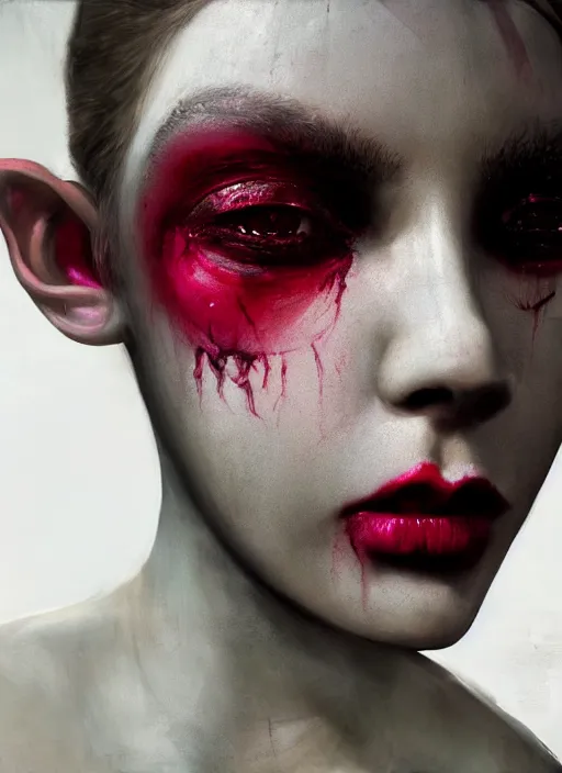Prompt: portrait of sinister girl with pouty aerochrome lips, langolier, unforgivable, cute bandaid on nose!!, expressive eyes, full body, deathly skin, greg rutkowski, charlie bowater, yuumei, stephen gammell, unreal 5, daz, hyperrealistic, octane render, rpg portrait, dynamic lighting, fantasy art, beautiful face
