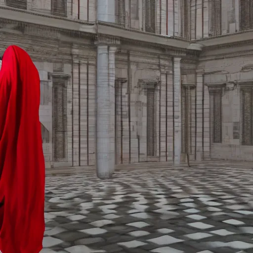 Prompt: a figure covered by red cloth that's blowing in the wind standing in a beautiful roman city, digital art, concept art, cloth simulation with houdini, octane, redshift, 8 k