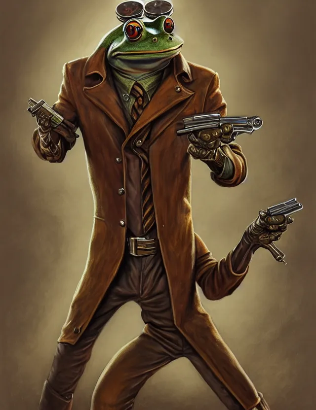 Image similar to anthropomorphic bipedal frog that is wearing a brown leather trenchcoat, and dual wielding revolver pistols, as a matte oil painting and d & d character art, by alex grey, retrofuturistic, science fantasy, standing, fullbody, concept art, award - winning, extremely detailed, sharp focus