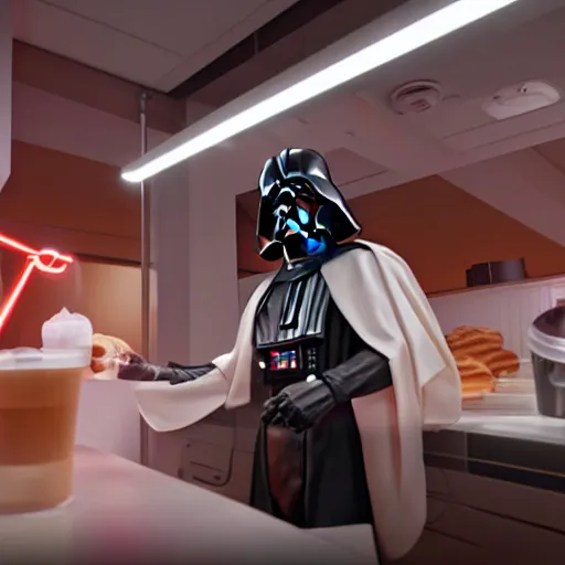 Image similar to darth vador working at dunkin donuts , 8k cinematic lighting, very sharp detail, anatomically correct