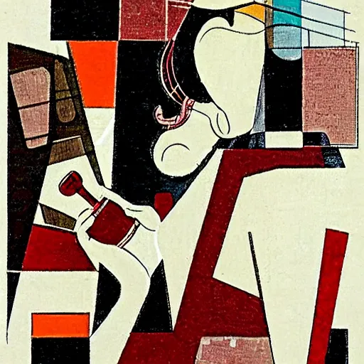 Image similar to cubistic illustration, close-up of an asian nurse drinking red wine, masterpiece, in style of Albert Gleizes