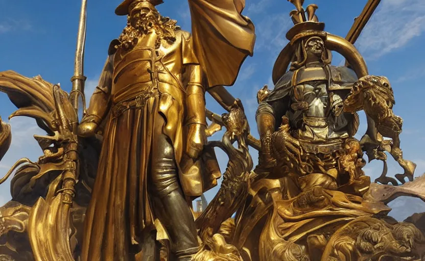 Prompt: A large brass statue of a wizard guarding the entrance to a port, landscape art, concept art, fantasy, inspiring, colossus of rhodes, bright lighting, colorful, rococo style, maritime