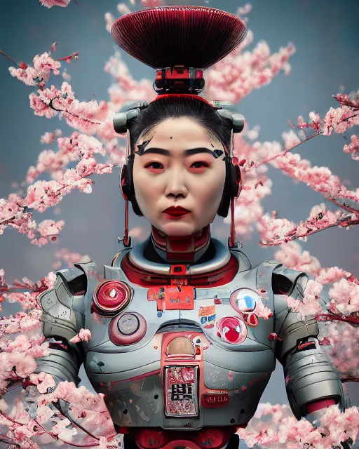Prompt: an epic fantastic realism comic book style portrait painting of a japanese robotic geisha with kanji tattoos and decals, cherry blossom rain everywhere, apex legends, octane render