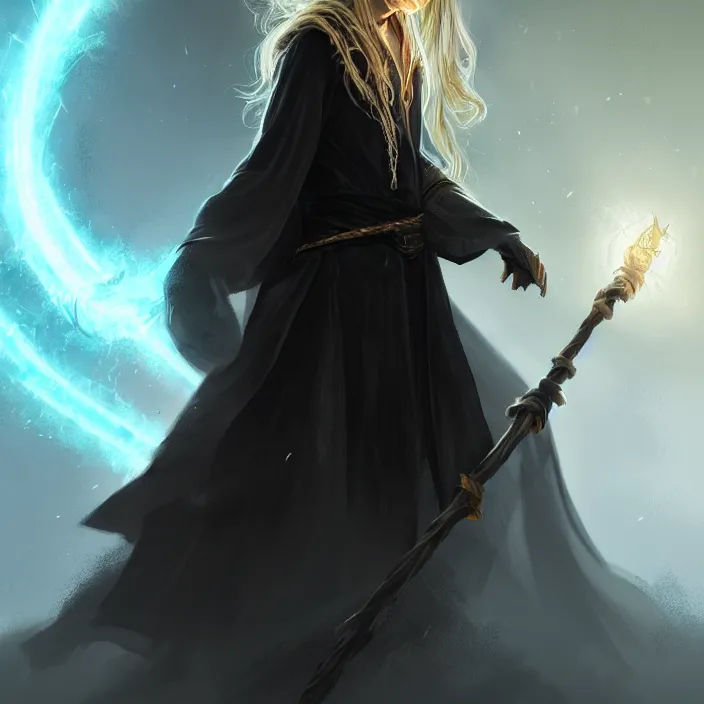 Image similar to Young, handsome wizard with a blonde ponytail wearing exquisite black robes, a spider cloak and wielding a legendary staff of light. Magic, bright lighting, flux. High fantasy, digital painting, HD, 4k, detailed.