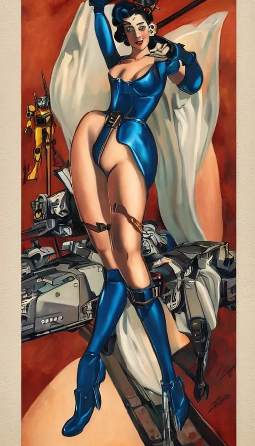 Prompt: full body cyberpunk beautiful woman in the style of a 1 9 4 0 s oil painted pin - up painted on a gundam