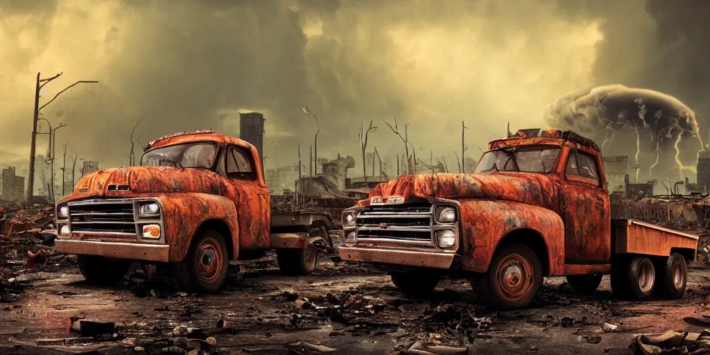 Prompt: 1970s photography a truck driver wearing a cap sitting next to his colorful truck in a apocalyptic wasteland, tornado and apocalyptic city in the background, detailed intricate insanely detailed octane render, 8k artistic photography, photorealistic, chiaroscuro, hd, by David Cronenberg, Raphael, Caravaggio