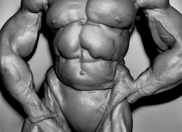 Image similar to an inflatable body builder, closeup portrait. shot by platon using a leica with flash, kodak gold 3 5 mm film