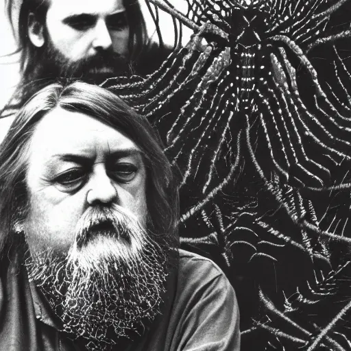 Prompt: robert wyatt sitting amongst big hairy spiders, robert wyatt album art style