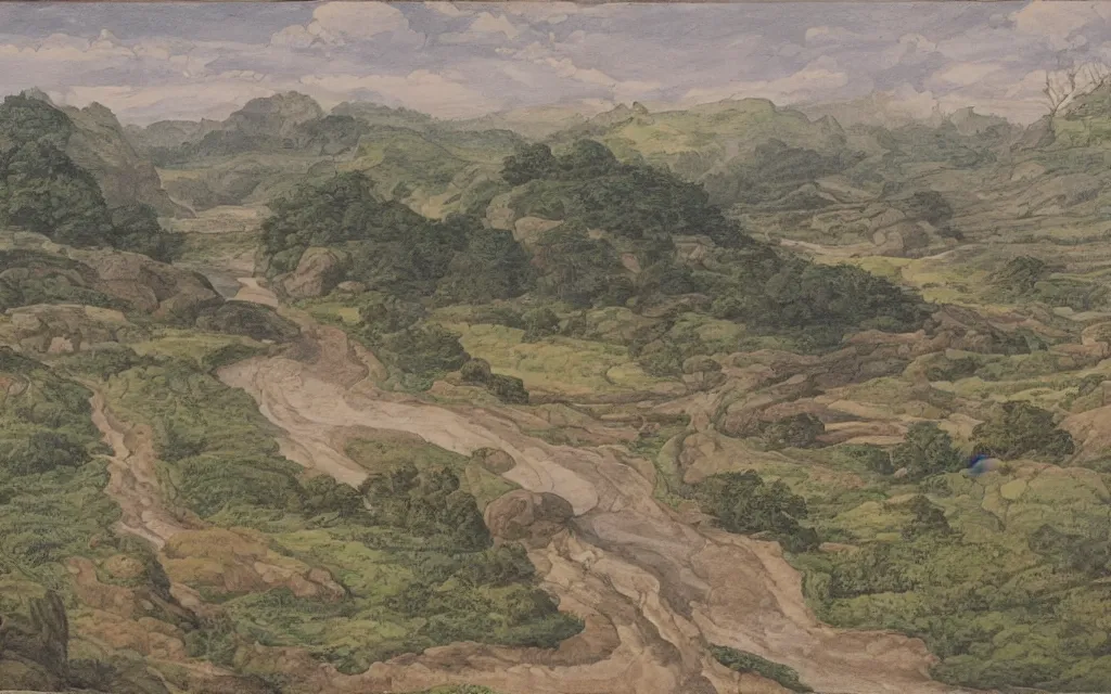 Prompt: a sprawling landscape following a long winding river, in the style of bruce ricker