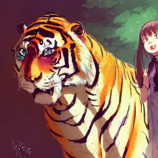 Image similar to a tiger wearing a dress, illustration concept art anime key visual trending pixiv fanbox by wlop and greg rutkowski and makoto shinkai and studio ghibli and kyoto animation symmetrical facial features