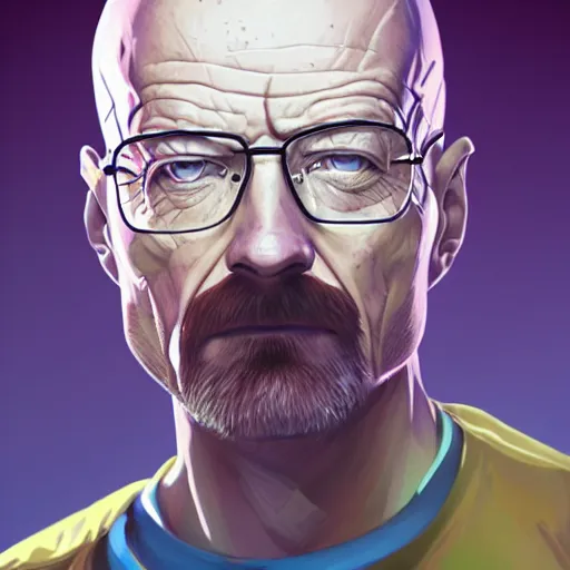 Image similar to high quality illustration, walter white realistic portrait, cyberpunk, riot game, beautiful, alexandre bourlet, arcane, lois van baarle, league of legend, digital painting, james jean, dynamic colors, greg rutkuwsky, artstation, concept art, neon