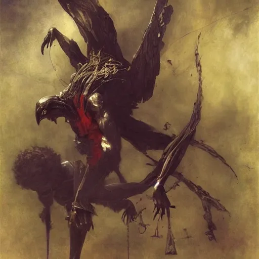 Image similar to puissant physique demonic crow wearing a devil costume Jan Van eyck leonardo da vinci ilya repin christophe young bastien lecouffe-deharme odd nerdrum dragan bibin john steuart curry