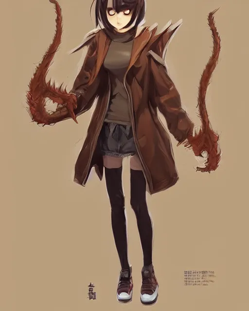 Image similar to concept art for a creature monster girl, wearing a brown coat over a hoodie, standing in a lo - fi dorm | | cute - fine - fine details by stanley artgerm lau, wlop, rossdraws, and sakimichan, trending on artstation, brush strokes