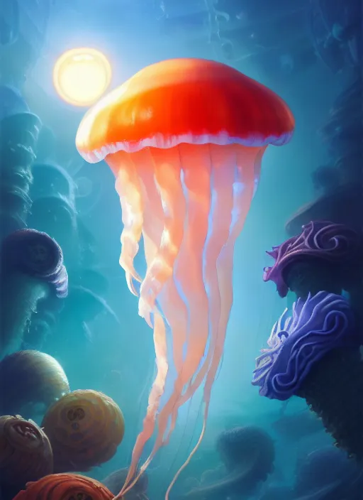 Prompt: subsurface scattering, white, jellyfish with the sun inside, vibrant colors, octane render, jesper ejsing, james jean, justin gerard, tomasz alen kopera, cgsociety, fenghua zhong, makoto shinkai, koi colors, highly detailed, rim light, art, cinematic lighting, very coherent, hyper realism, 8 k