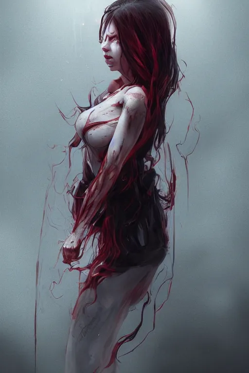 Image similar to creepy possessed woman, her hair floating upwards and her eyes glowing red , made by Stanley Artgerm Lau, WLOP, Rossdraws, ArtStation, CGSociety, concept art, cgsociety, octane render, trending on artstation, artstationHD, artstationHQ, unreal engine, 4k, 8k,