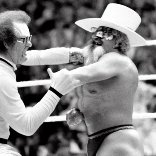 Image similar to Ronald McDonald elbow drops Colonel Sanders in WWE, 1990