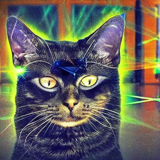 Prompt: a cat with laser eyes, lasers shooting, epic, trending, underground art, acid trip, dmt, cat