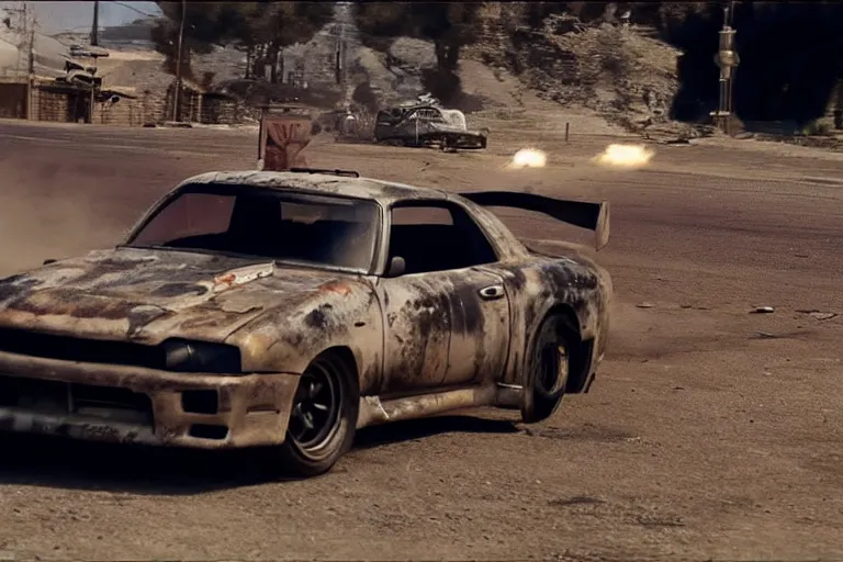 Image similar to Paul Walker driving in Mad Max Road Warrior, rusted, cobbled together Nissan R34 GTR, screenshot, cinematic Eastman 5384 film