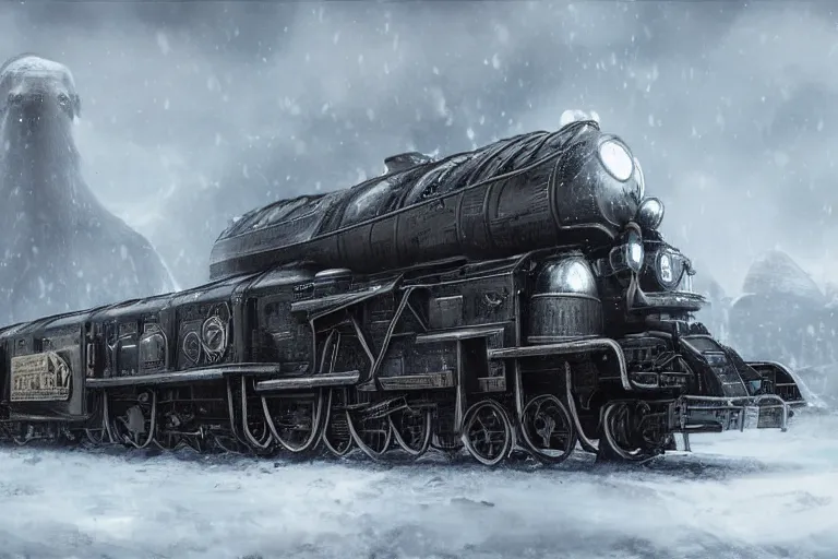 Image similar to a grand intricate futuristic black steam train next to a giant mammoth, post - apocalyptic ice landscape in snowstorm, concept art, artstation, highly detailed, digital art