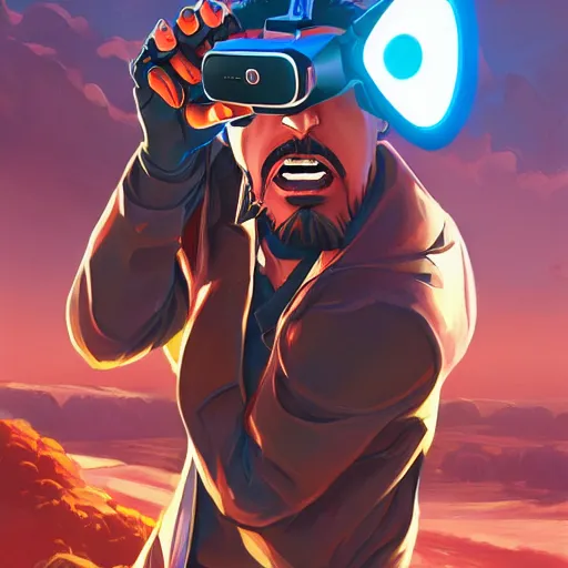 Image similar to tony stark wearing vr goggles and a big beard, by jesper ejsing, by rhads, makoto shinkai and lois van baarle, ilya kuvshinov, rossdraws global illumination