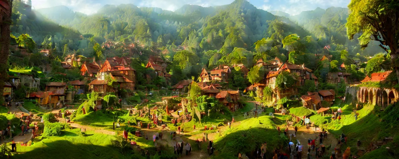 Prompt: Lush valley with a vibrant renaissance town, immaculate highly detailed render by Ted Nasmith, Marc Simonetti, and Andreas Rocha, trending on artstation, HD, 8K, trending on cgsociety, global illumination, HDR, sharp, rich colors, deep contrast, textured, large depth of field, isometric