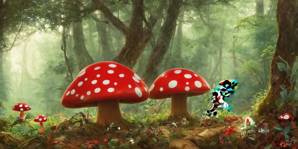 Image similar to Mario roaming through a forest landscape, Mushroom Kingdom, Super Mario Theme, giant red and white spotted mushrooms, by Stanley Artgerm Lau , greg rutkowski, thomas kindkade, alphonse mucha, loish, norman Rockwell