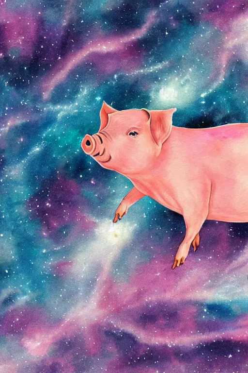 Prompt: a blissful pig flying through a beautiful nebula, water color