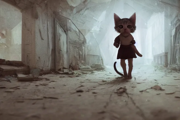 Image similar to a cute kitten wearing a dress is on an adventure through an abandoned town in the night, 3d scene, render, ultra realistic, zenith view, Greg Rutkowski, artstation, cgsociety, level design, unreal engine, 3d scene, render, ultra realistic, Enki Bilal style