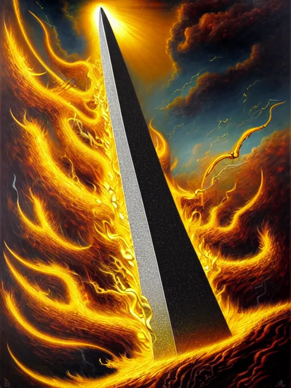 Prompt: savage electric flames of gold and silver engulfing an obsidian obelisk by ed emshwiller and karol bak, rococo, smoky, highly detailed, hyperrealistic, energy, low light, high contrast, bright sky