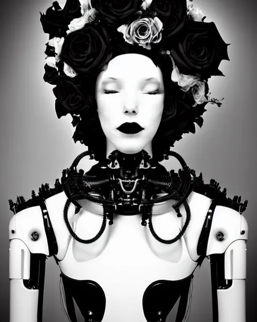 Image similar to dreamy surreal poetic black and white photo of a beautiful young bio-mechanical-female-cyborg-robot with a very long neck and a super big gothic lace collar and a very high big floral crown with many black dry roses by Vivienne Westwood:: smoke, high fashion, haute couture, rococo, avant-garde, elegant, dreamy, hyper realistic, 150 mm lens, soft rim light, octane render, unreal engine, picture was taken in 1910 by Dora Maar, volumetric lighting, dramatic light,8k,