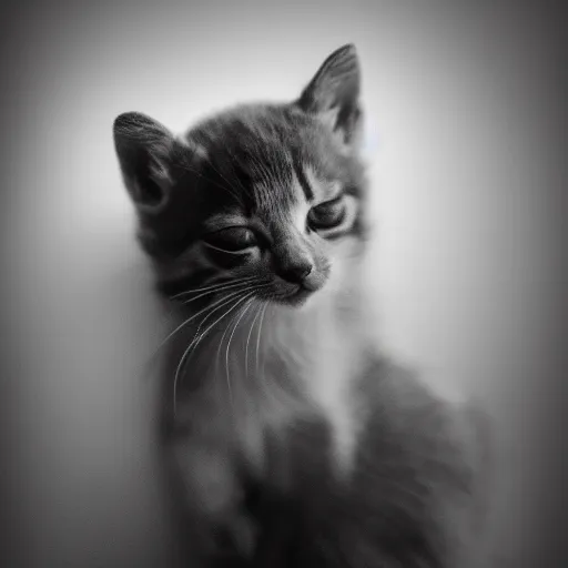 Prompt: portrait photo of a sleeping kitten, indoors, f 1. 4, golden ratio, rim light, top light, overcast day