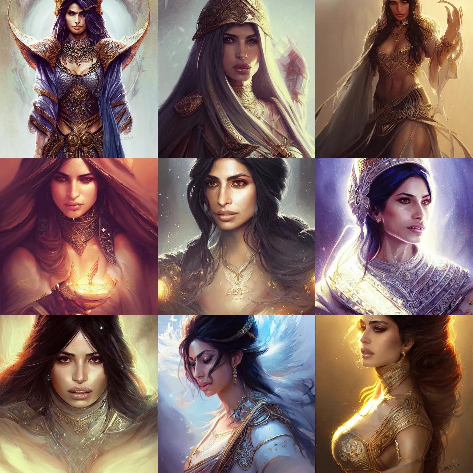 Prompt: persian priestess, sarah shahi, art by artgerm and greg rutkowski and magali villeneuve, intricate, elegant, d & d, fantasy, portrait, highly detailed, digital painting, trending on artstation, concept art, sharp focus, illustration