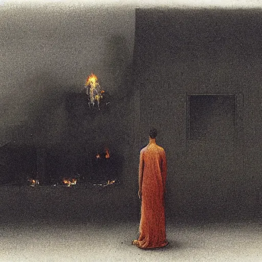 Prompt: a person standing in front of a burning house, looking away from the house, looking at the viewer, by Beksinski