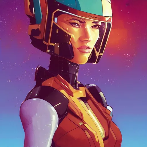 Image similar to portrait of beautiful megan fox gundam pilot, with an intricate, detailed, urban inspired hiphop afro futuristic helmet, vector behance hd jesper ejsing, rhads, makoto shinkai, lois van baarle, ilya kuvshinov, rossdraws, hd, 3 2 k, ilya kuvshinov, gustav klimt