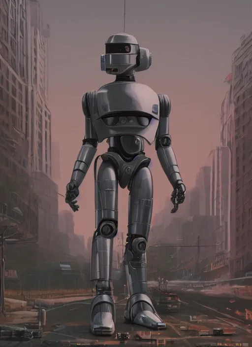 Image similar to RoboCop (1987), very low angle photograph, very detailed, trending on artstation, hyperrealistic, soft colors, simon stålenhag, lovecraft, horror