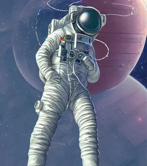 Prompt: cyberpunk astronaut with long limbs on a spacewalk outside of their ship, techwear, Industrial Scifi, detailed illustration, character portrait, by Martin Grip and Moebius