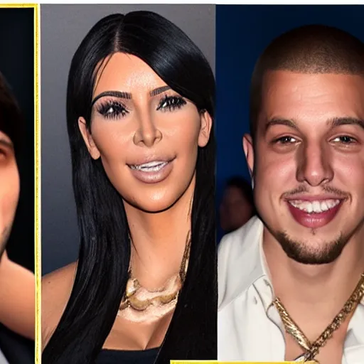 Image similar to kim kardashian and pete davidson pointing and laughing at kanye west, in the style of oil on canvas,