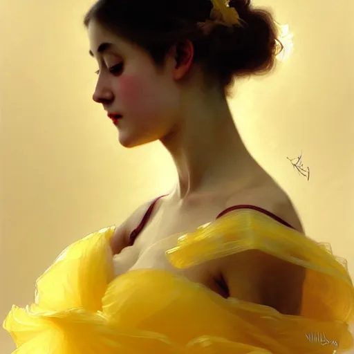 Prompt: a woman in a yellow organza dress dancing, intricate, elegant, digital painting, realistic, concept art, smooth, sharp focus, illustration, by ruan jia and mandy jurgens and william - adolphe bouguereau, artgerm