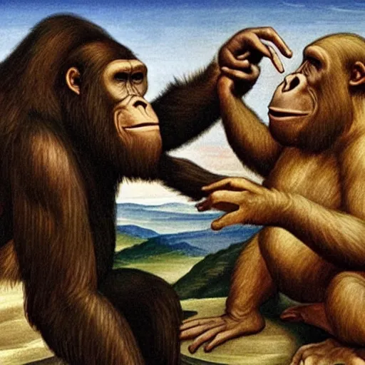 Prompt: creation of adam - where the ape comes in contact with the pepe