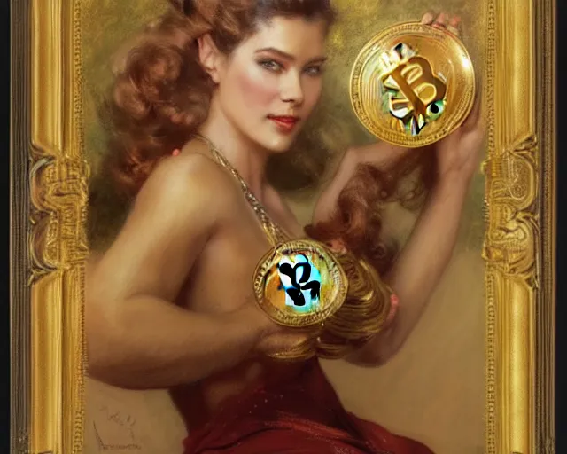 Image similar to attractive woman holding a golden bitcoin, commercial by annie liebovitz, gaston bussiere, craig mullins, j. c. leyendecker