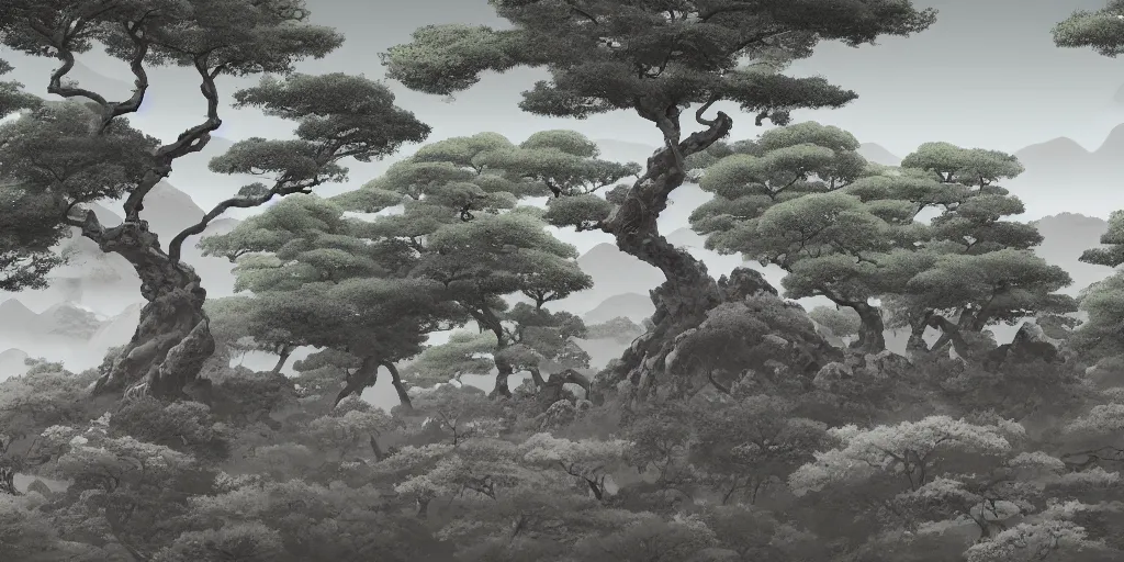 Image similar to old japanese landscape with curved trees and rocks, detailed, high quality, trending on artstation, 8 k, award winning