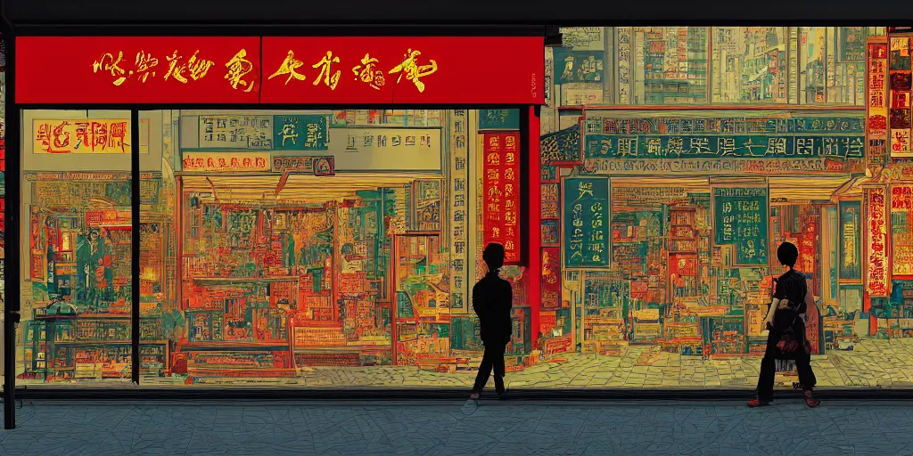 Image similar to a shop window in hong kong, by dan mumford and peter doig and edward hopper, minimal, black in, thick lines highly detailed, muted colours, overlaid with chinese adverts, 8 k