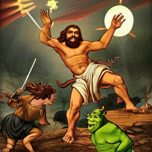 Prompt: Jesus Christ battling shrek in heaven