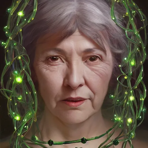 Prompt: portrait of old women, a garland made of human thumbs, green spike aura in motion, floating pieces, painted art by tsuyoshi nagano, greg rutkowski, artgerm, alphonse mucha, spike painting