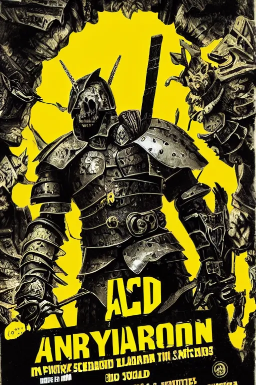 Image similar to an armored barbarian, loaded with weapons and animal skulls, horror sci - fi black and yellow poster