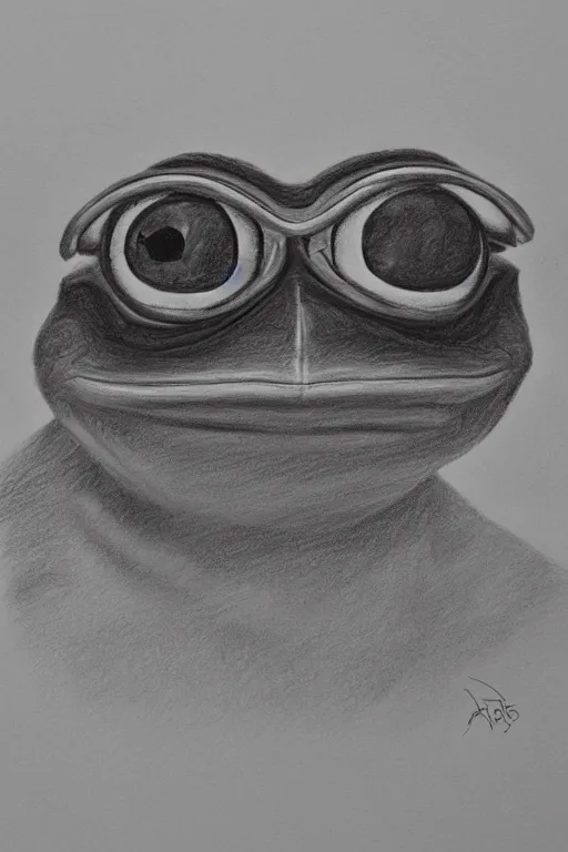 Image similar to portrait drawing of pepe the frog, ultra detailed highly realistic, trending on artstation, rule of thirds, extreme high detail, soft lighting, rim light, volumetric lighting and effects,