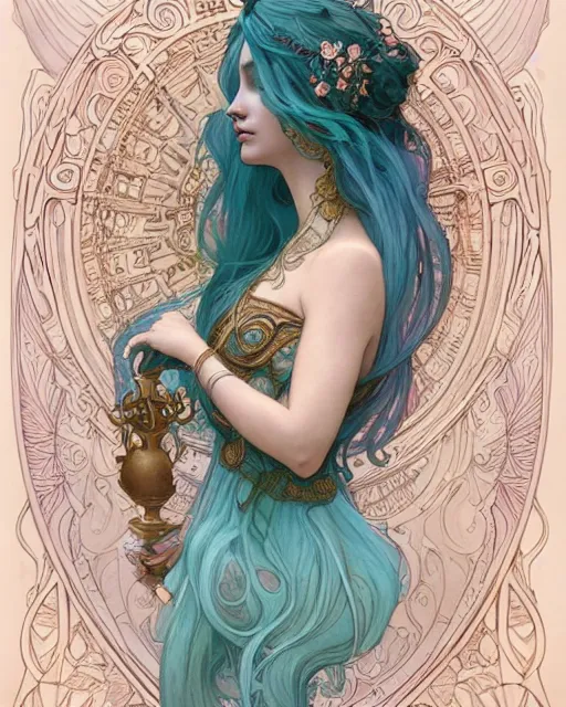 Image similar to an ethereal goddess with turquoise hair | highly detailed | very intricate | art nouveau | gold filigree | romantic storybook fantasy | soft cinematic lighting | award - winning | disney concept art watercolor illustration by mandy jurgens and alphonse mucha and alena aenami | pastel color palette | featured on artstation