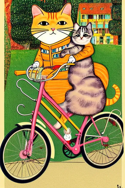 Prompt: a 1 9 5 0 s retro illustration by richard scarry and gustav klimt. a cat riding a bike.. muted colors, detailed